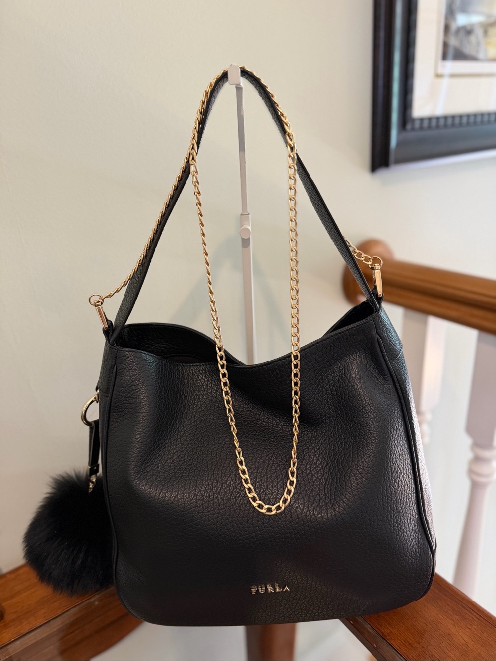 Furla Black Pebbled Leather Hobo Shoulder Bag Pom Pom + Crossbody Chain EUC